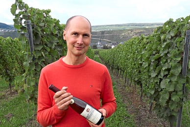 rhein-main-mosel-sinfonie-1.jpg Mann in rotem Pullover hält Weinflasche im Weinberg.