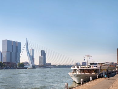 Ein Passagierschiff liegt am Ufer vor der Erasmusbrücke in Rotterdam mit ihrem markanten weissen Pylon.
