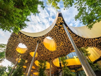 Modernes Kulturgebäude Magyar Zene Háza mit geschwungenem Dach und gelb-schwarzen Mustern im Stadtwäldchen Budapest.