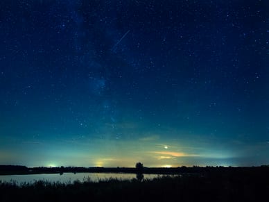 Sternenklarer Nachthimmel mit Milchstrasse spiegelt sich im stillen Lauwersmeer, umgeben von Schilf.