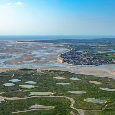 Luftaufnahme einer Küstenlandschaft mit Flussmündung und Grünflächen.
