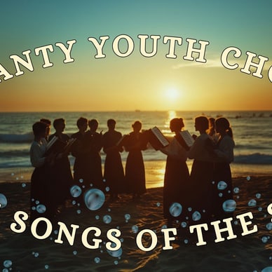 Jugendchor singt am Strand bei Sonnenuntergang.