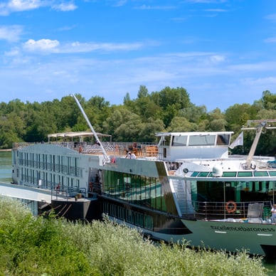 Passagierschiff auf einem Fluss mit Bäumen im Hintergrund.