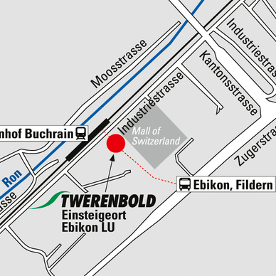 Karte mit Twerenbold Einstiegsort in Ebikon, nahe Bahnhof Buchrain und Mall of Switzerland.