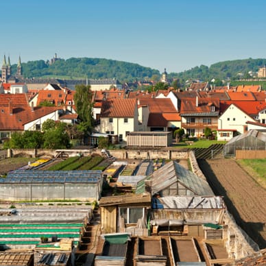 Blick auf städtische Landschaft mit Gewächshäusern und roten Dächern.