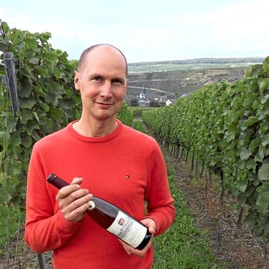 Mann in rotem Pullover hält Weinflasche im Weinberg.