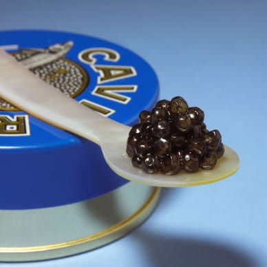 Löffel mit Kaviar auf einer blauen Dose.