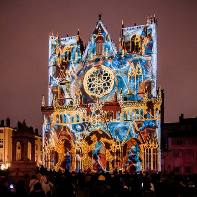 Kathedrale bei Nacht mit farbenfroher Lichtprojektion.
