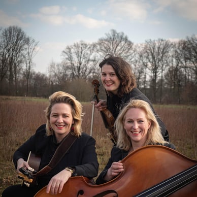 Drei Frauen mit Musikinstrumenten in einem Feld.