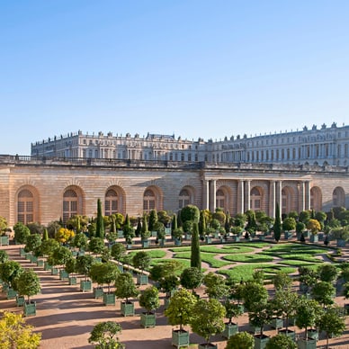 Garten des Schlosses mit Bäumen und Palast im Hintergrund.