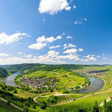 Panoramablick auf die Moselschleife bei Kröv mit terrassierten Weinbergen, Ortschaft und Brücke.