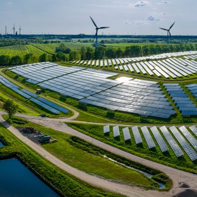 wind-und-solaranlagen-und-weitere-erneuerbare-energieliefera.jpg Luftaufnahme einer Solarfarm mit Windkraftanlagen und Teichen in einer grünen Landschaft.