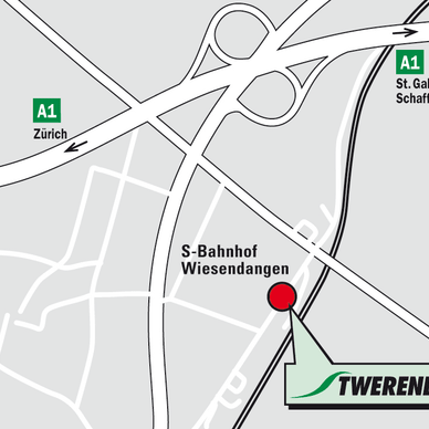 Karte mit Standort S-Bahnhof Wiesendangen nahe A1 Richtung Zürich, St. Gallen/Schaffhausen.