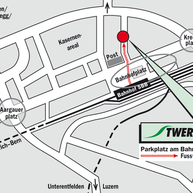 Stadtplan mit Wegbeschreibung zum Parkplatz am Bahnhof Aarau, markiert mit Punkt.