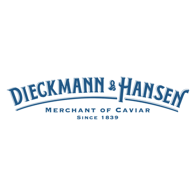 Logo mit blauem Text über Handel mit Kaviar.