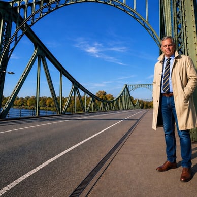 Person in beigem Mantel steht auf einer Brücke mit markanten Metallbögen.
