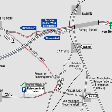 Karte mit Strassen und Wegbeschreibungen zum Reiseterminal Baden.