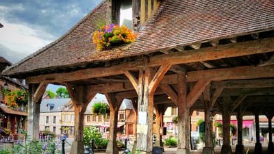 twerenbold_84080.jpg Historischer überdachter Markt mit bunten Blumen im Vordergrund.