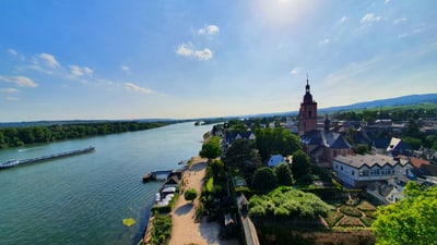 eltville-am-rhein.jpg Landschaft mit Fluss, Kirche und Dorf im Sonnenlicht.