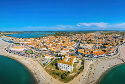 saintes-maries-de-la-mer-liegt-im-herzen-der-camargue-und-be.jpg Luftaufnahme einer Küstenstadt mit roten Dächern und Stränden.