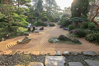 Zen-Garten mit Kiesmustern und Steinen, umgeben von Bäumen und Sträuchern.