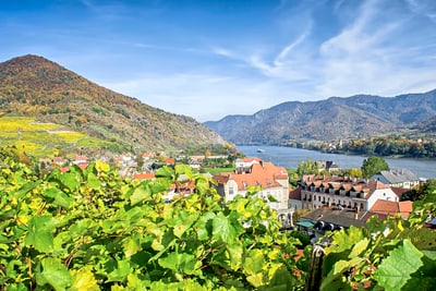 unterwegs-auf-dem-fluss.jpg Panoramablick auf Weinberge, Fluss und Berge.