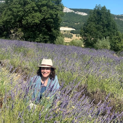 lavendelbluete-in-der-provence-1.jpg Eine Person mit Hut sitzt in einem Lavendelfeld mit Bäumen und Hügeln im Hintergrund.