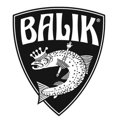 Schwarz-weisses Balik-Logo mit Krone und Fisch.