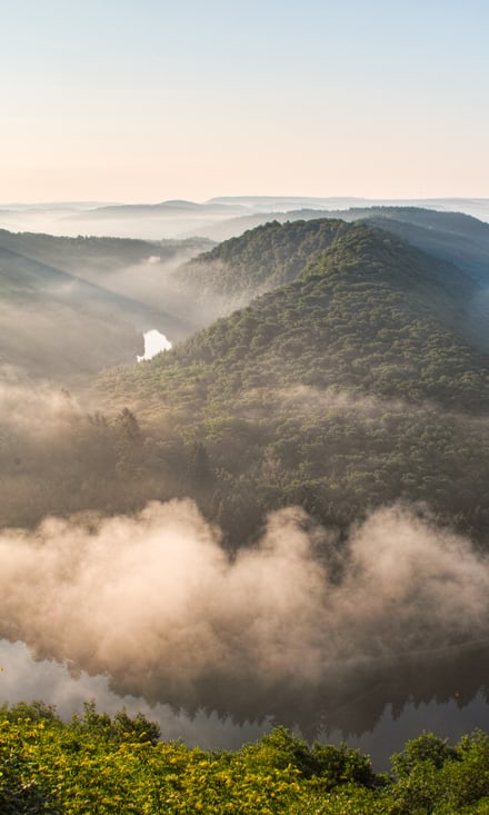 Luftaufnahme einer Flussbiegung mit bewaldeten Hügeln im Nebel.