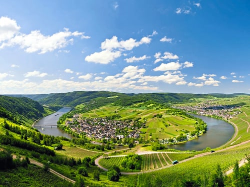 Panoramablick auf die Moselschleife bei Kröv mit terrassierten Weinbergen, Ortschaft und Brücke.