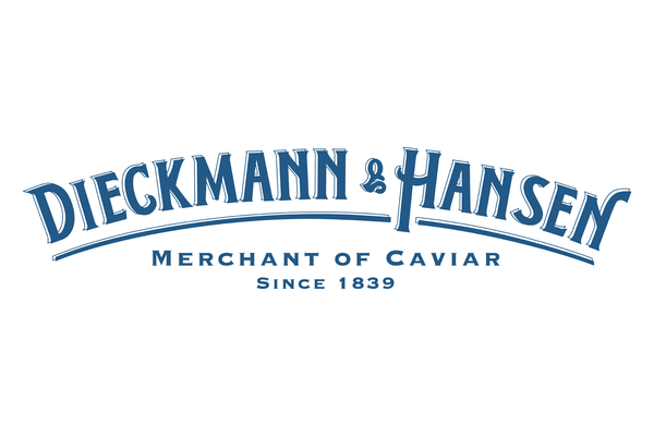 Logo mit blauem Text über Handel mit Kaviar.