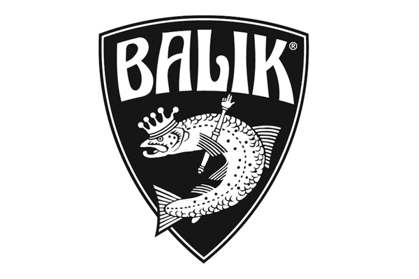 Schwarz-weisses Balik-Logo mit Krone und Fisch.