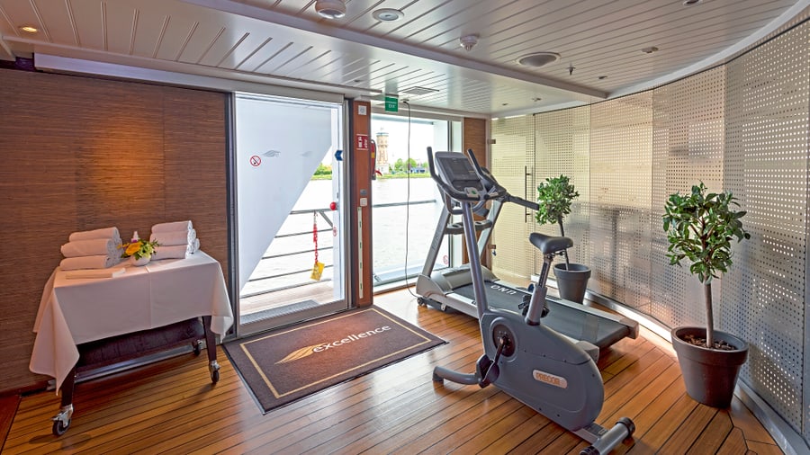 Fitnessraum mit Laufband und Pflanzen auf einem Schiff.
