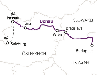 monarchie-nostalgie-und-moderne-5.png Karte mit Route von Passau nach Budapest entlang der Donau.
