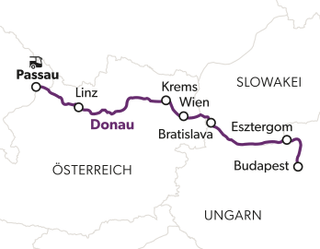 Karte der Donau von Passau nach Budapest.