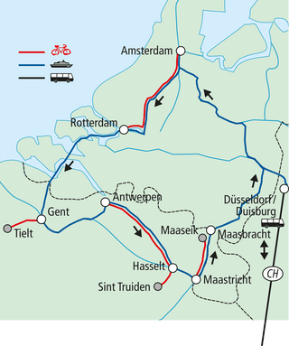 Karte mit Fahrrad- und Busrouten in Europa, einschliesslich Amsterdam, Rotterdam und Antwerpen.