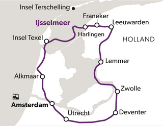 maritime-sommerfrische-ijsselmeer-und-friesland-7.png Karte zeigt Route von Amsterdam durch Holland.