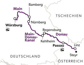 auf-dem-wasserweg-von-karl-und-ludwig-8.jpg Karte des Main-Donau-Kanals von Würzburg nach Linz mit Städten.