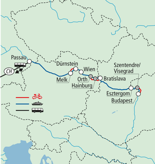 auf-der-schoenen-donau-2.jpg Karte der Donau-Radroute von Passau nach Budapest.