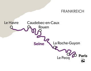 Karte mit dem Verlauf der Seine und Städten in Frankreich.