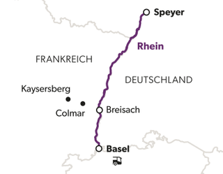 Karte mit Route von Speyer nach Basel entlang des Rheins.