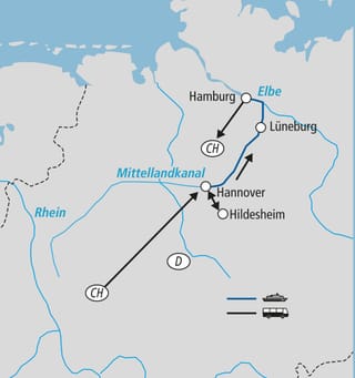 Karte mit Wasserwegen und Kanälen, zeigt Städte wie Hamburg und Hannover.