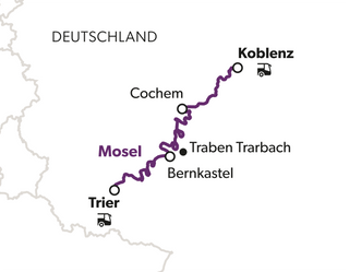 adventsflusszauber-auf-der-mosel-9.png Karte von Deutschland mit einer markierten Route entlang der Mosel, die Städte wie Trier und Koblenz verbindet.