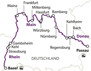 Karte der Flussroute in Deutschland mit Städten und Flüssen Rhein, Main, Donau.