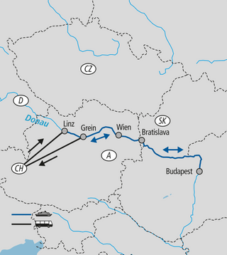 Karte mit markierten Städten und Flussroute in Mitteleuropa.