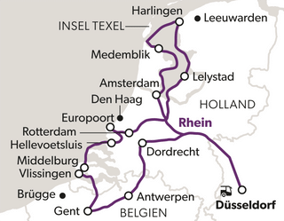 grand-tour-nordische-sommer-cruise-10.png Karte mit Städten und Routen in Mitteleuropa, darunter Düsseldorf, Antwerpen und Amsterdam.