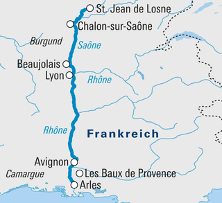rhone-2.jpg Karte von Frankreich mit markierten Orten entlang der Saône und Rhône.