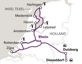 nordholland-und-das-ijsselmeer-5.png Karte der Niederlande und Deutschland mit markierten Städten und Routen.