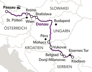 wilde-schoenheit-eisernes-tor-8.jpg Karte mit einer Route entlang der Donau durch Österreich, Slowakei, Ungarn, Kroatien und Serbien.