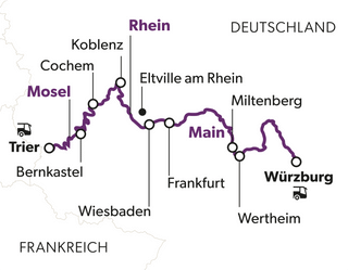 gartenwelten-an-drei-fluessen-7.png Karte mit Städten entlang der Flüsse Rhein, Mosel und Main in Deutschland und Frankreich.
